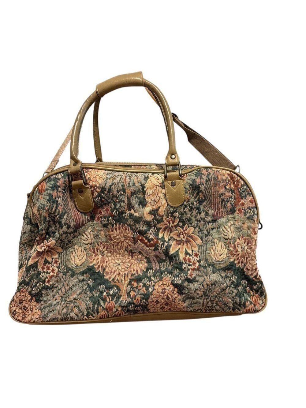Capezio Brown and Tan Travel Bag with Vintage Tapestry Design Tan Leather Trim. - Picture 2 of 9